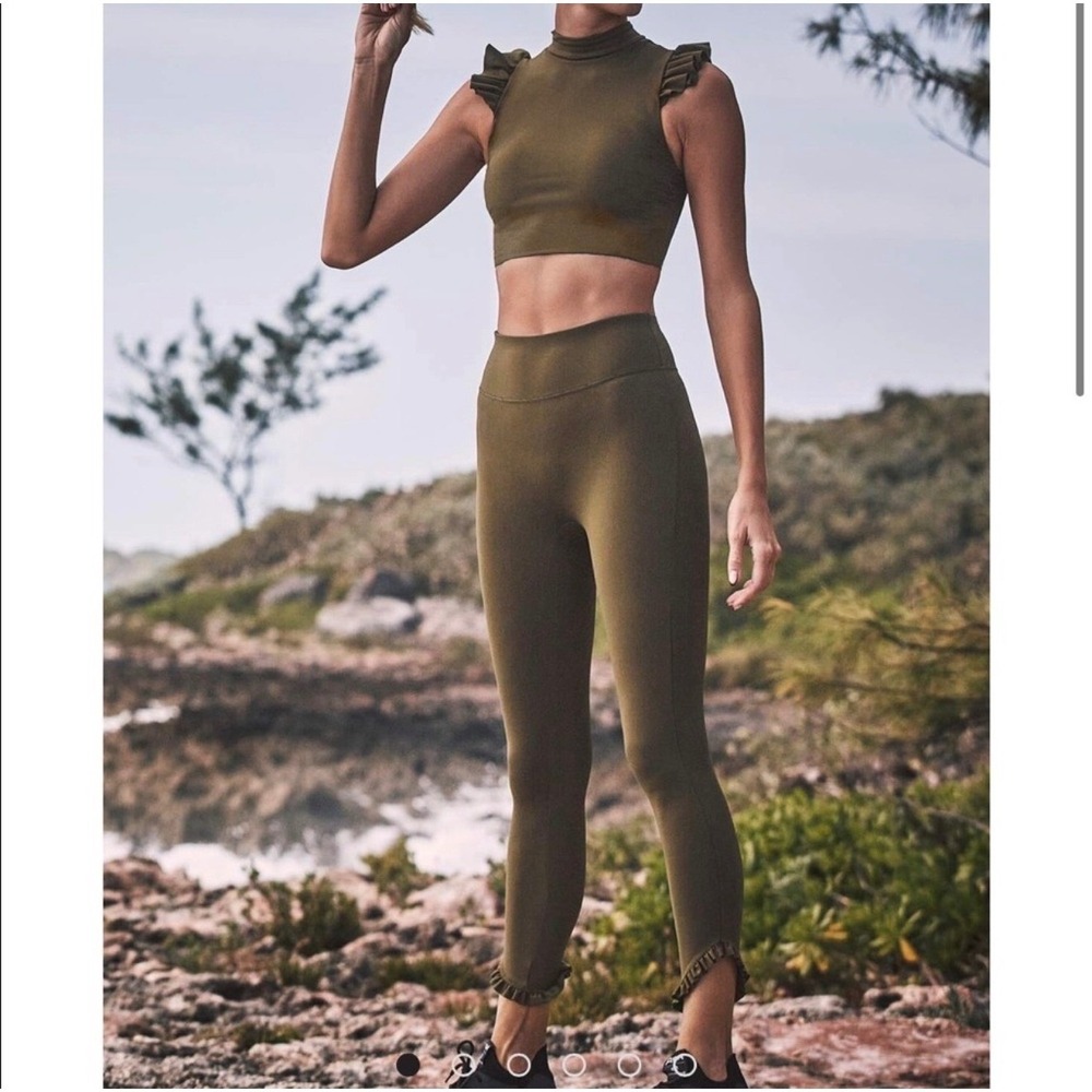 Devon Windsor Alora Crop Top and Charlotte Leggings Set Hunter Green Ruffle M